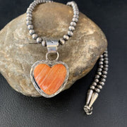 Navajo Orange Heart Spiny Oyster Pendant | Sterling Silver Necklace | Authentic Native American Handmade | 13949