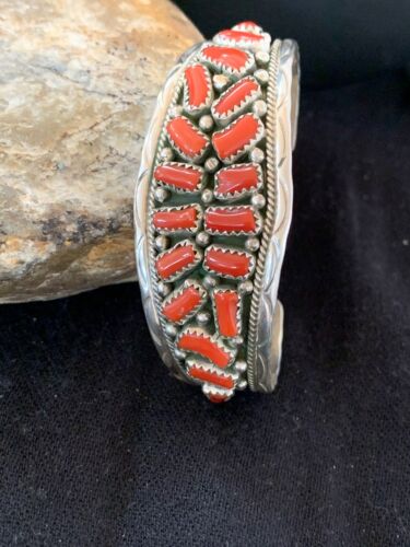 Native American Red Coral Cuff Bracelet | Navajo Sterling Silver | Authentic Handmade | 4670 - Masha USA
