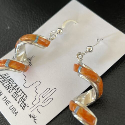 Navajo Snake Swirl Earrings | Orange Spiny Opal Inlay | Sterling Silver | 1.25" | Authentic Native American Handmade | 1549