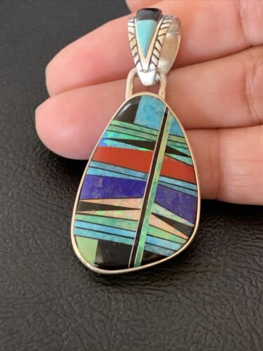 Navajo Multi-Color Turquoise Coral Opal Inlay Pendant | Sterling Silver | Native American Handmade | 12492 - Masha USA