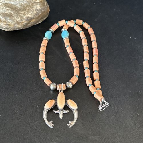 Navajo Pink Coral & Blue Turquoise Necklace with Naja Pendant | Sterling Silver | Native American Handmade | 14813