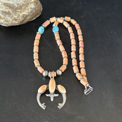 Navajo Pink Coral & Blue Turquoise Necklace with Naja Pendant | Sterling Silver | Native American Handmade | 14813