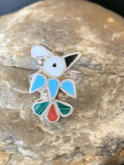 Zuni Peyote Bird Inlay Ring | Sterling Silver | Coral, Turquoise, Onyx, Mother of Pearl | Sz 6.5 | 10791