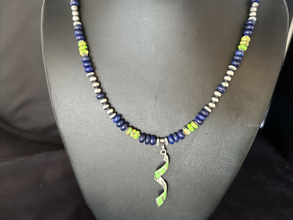 Navajo Green Turquoise Lapis Pendant Inlay Necklace | Sterling Silver | Authentic Native American Handmade | 14635