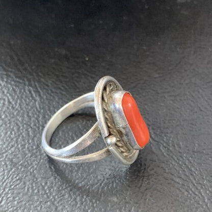 Native American Old Pawn Navajo Red Coral Ring | Sterling Silver | Sz 6 | 10368