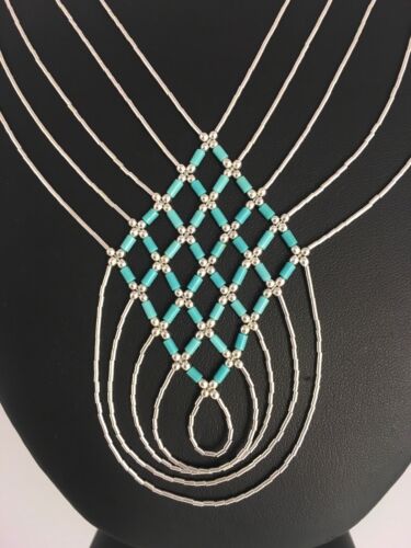 Turquoise Heishi Tubes Pendant | 5-Strand Liquid Sterling Silver Necklace | Authentic Native American Handmade | 8880