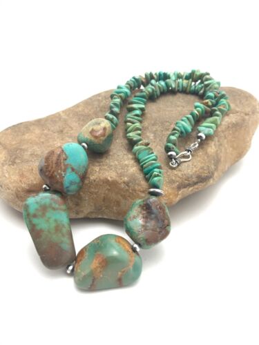 Navajo Chunky Green Nugget Turquoise Necklace | Sterling Silver | 23" | Authentic Native American Handmade | 3216