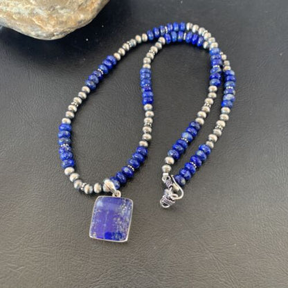 Native American Navajo Blue Lapis Pendant Necklace | Sterling Silver | Authentic Handmade | 11671 - Masha USA