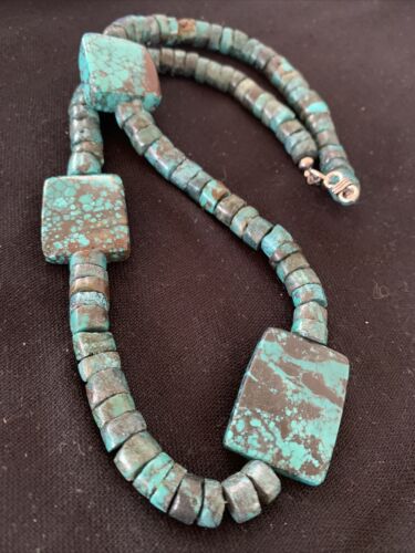 Native American Rustic Turquoise Nugget Heishi Bead Necklace | Sterling Silver | 22" | 01397