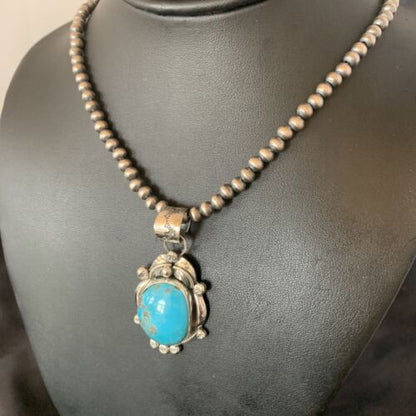 Men's Navajo Pearls Necklace with Blue Kingman Turquoise Pendant | Sterling Silver | Native American Handmade | 12596