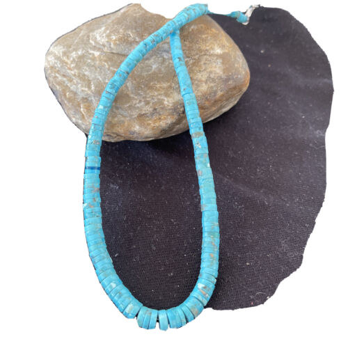 Navajo Blue Turquoise Heishi Necklace with Sterling Silver & Graduated Pearl Stab | Authentic Native American | 17" | 1184