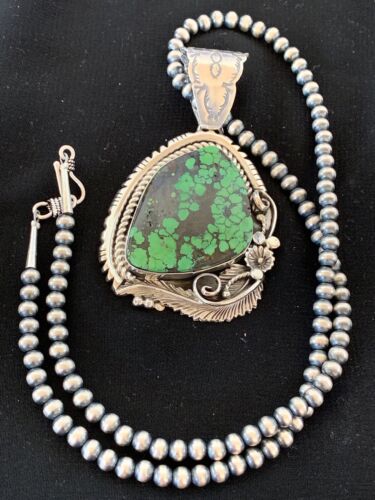 Navajo Green Spiderweb Turquoise Pendant Necklace | Sterling Silver | Authentic Native American Handmade | 2983