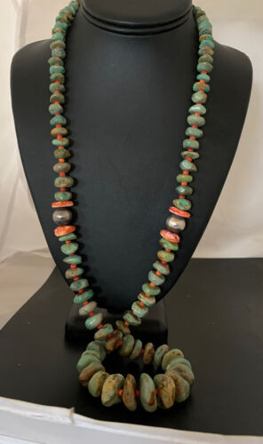 Authentic Native American Navajo Necklace | Sterling Silver | Green Turquoise & Spiny Oyster | 32" | 01669