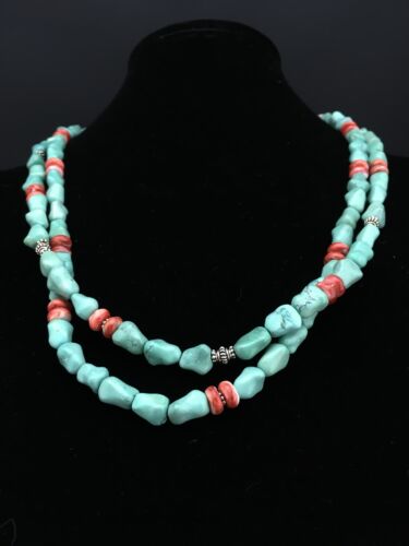 Native American Turquoise Spiny Sterling Silver Nugget Bead Necklace | 22" | 1352