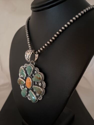 Navajo Spiny Oyster & Turquoise Cluster Pendant Necklace | Authentic Native American Sterling Silver | Multi-Stone | 01118
