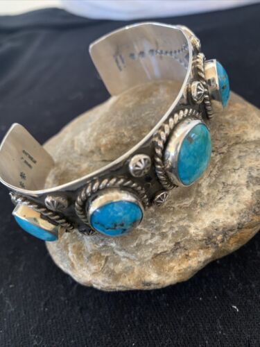 Navajo Sterling Silver Blue Kingman Turquoise Cuff Bracelet | 5 Stones | Authentic Native American Handmade | 863