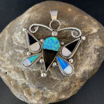 Zuni Butterfly Opal Mother of Pearl Onyx Inlay Pendant Necklace | Sterling Silver | 14207