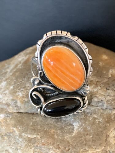 Navajo Black Onyx Orange Spiny Oyster Multi-Stone Ring | Authentic Native American Sterling Silver | Sz 11 | 02168