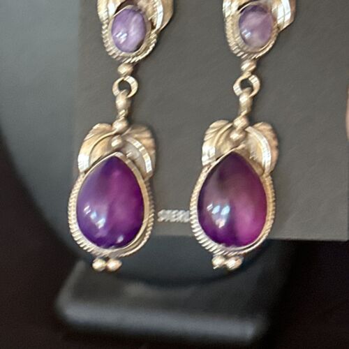 Navajo Purple Sugilite Dangle Earrings | Sterling Silver | 2" | Authentic Native American Handmade | 14401