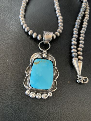 Men's Navajo Pearls Sterling Silver Necklace | Blue Kingman Turquoise Pendant | 12967