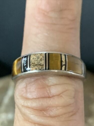 Navajo Black Onyx Coffee Tiger's Eye Inlay Ring | Sterling Silver | Sz 6.5 | 10794