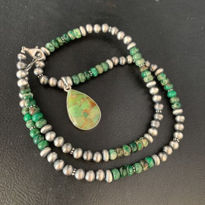 Navajo Pearls Green Mojave Turquoise Pendant Necklace | Sterling Silver | Native American Handmade | 13463