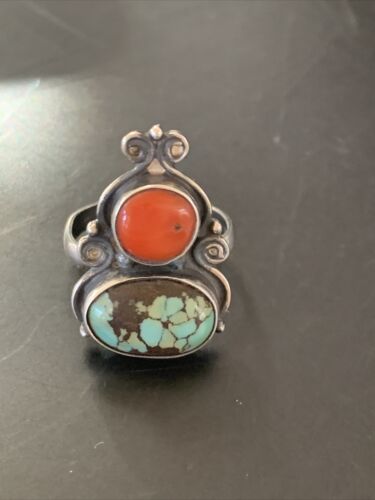 Native American Navajo Multi-Stone Ring | Blue Turquoise & Coral | Sterling Silver | Sz 7 | 11522