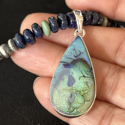Navajo Green Turquoise Lapis Necklace with Opal Pendant | Sterling Silver | Authentic Native American Handmade | 14370