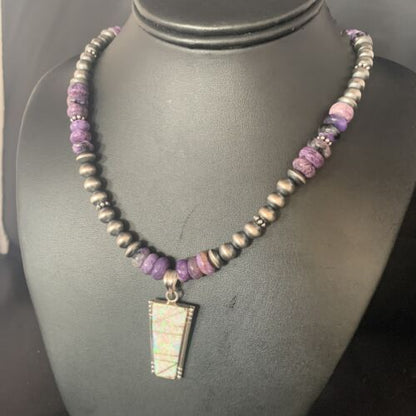 Navajo Purple Charoite White Opal Inlay Pendant Necklace| Sterling Silver | Native American Handmade | 13436