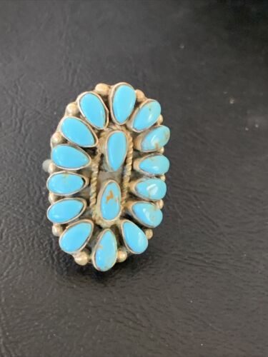 Navajo Blue Cluster Turquoise Needlepoint Ring | Authentic Native American Sterling Silver | Multi-Stone | Sz 8 | 11942