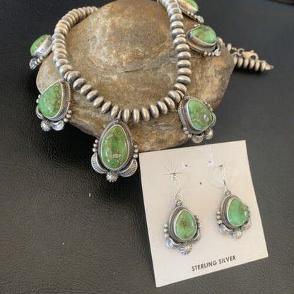 Navajo Sterling Silver Choker Necklace with Sonoran Gold Turquoise Earrings | Authentic Native American Handmade | 11536