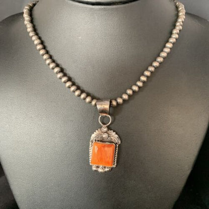 Navajo Orange Spiny Oyster Square Pendant Necklace | Sterling Silver | Authentic Native American Handmade | 13639