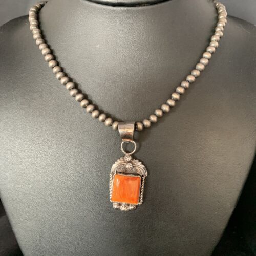 Navajo Orange Spiny Oyster Square Pendant Necklace | Sterling Silver | Authentic Native American Handmade | 13639