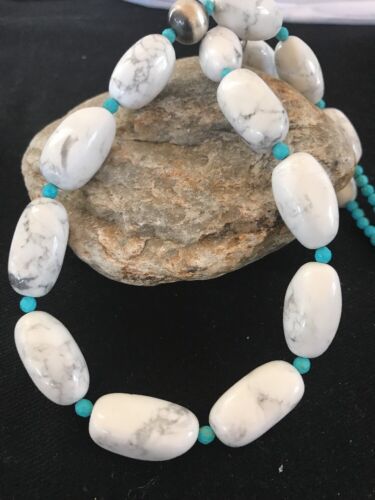 Navajo White Howlite Turquoise Beads Necklace | Sterling Silver | 22" | Authentic Native American Handmade | 10241