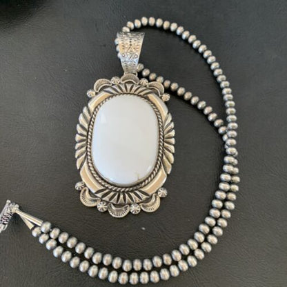 Men's Navajo White Buffalo Turquoise Pendant | Sterling Silver Necklace | Authentic Native American Handmade | 11591