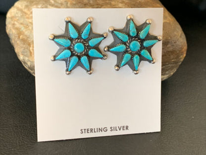 Navajo Blue Cluster Turquoise Stud Earrings | Sterling Silver | Authentic Native American Handmade | 12303