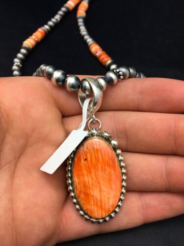 Navajo Orange Spiny Oyster Pendant Necklace | Sterling Silver | Authentic Native American Handmade | 8687