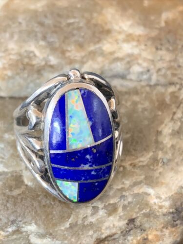 Native American Navajo Lapis & Opal Inlay Ring | Sterling Silver | Sz 7 | 1484