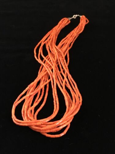 Native American Orange Spiny Heishi Necklace | 10 Strand | Sterling Silver | 20" | 10037