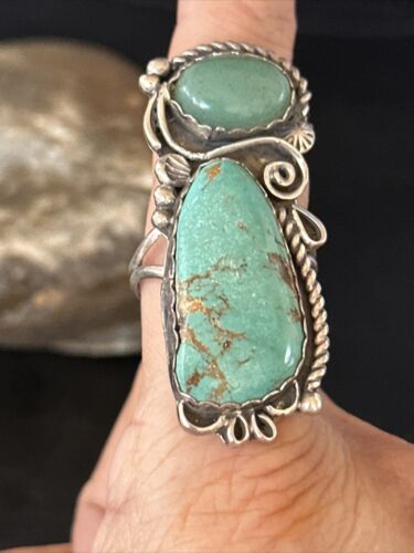 Navajo Green Turquoise Cluster Ring | Authentic Native American Sterling Silver | Multi-Stone | Sz 12 | 14696