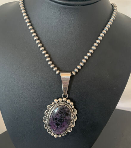 Men's Navajo Pearls Necklace | Sterling Silver Purple Sugilite Pendant | Authentic Native American | 1535