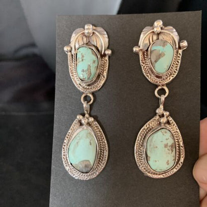 Navajo Blue Dry Creek Turquoise Post Dangle Earrings | Sterling Silver | Authentic Native American Handmade | 13816