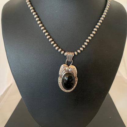 Navajo Pearls Black Onyx Necklace | Sterling Silver | Authentic Native American Handmade | 1904