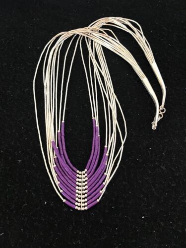 Native American Sugilite Heishi Tubes Necklace | 10 Strand Liquid Sterling Silver | 8558