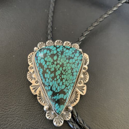 Native American Men's Bolo Tie | Blue Spiderweb Turquoise | Sterling Silver | Navajo Handmade | 12364