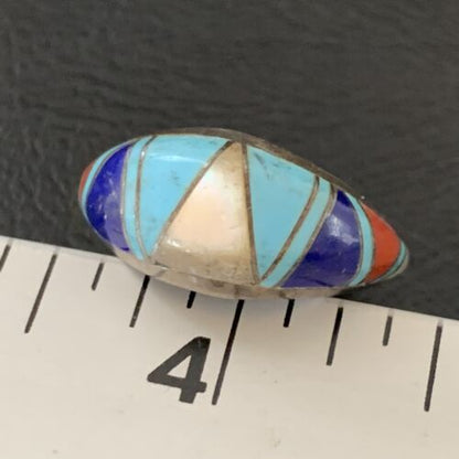Navajo Multi-Color Turquoise Lapis Coral Mother of Pearl Inlay Ring | Sterling Silver | Sz 7.5 | 12398