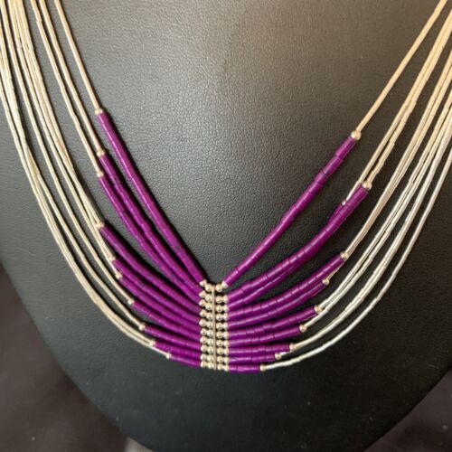 Sugilite Liquid Silver Heishi Necklace | 10 Strand | Sterling Tubes Pendant | 12299