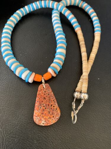 Santo Domingo Shell Pendant | Spiny Oyster & Blue Turquoise | 20" Necklace | Navajo | 12521