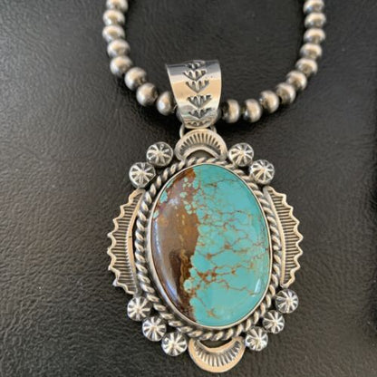 Men's Navajo Pearls Necklace | Sterling Silver | Blue #8 Turquoise Pendant | Authentic Native American Handmade | 10867