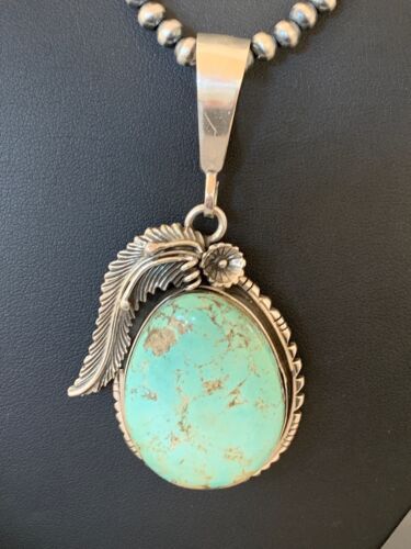Men's Navajo Pearls | Sterling Silver | Blue Turquoise #8 Necklace & Pendant Set | 13749